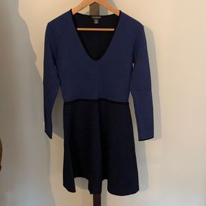 Club Monaco  long-sleeved, fit and flare knit mini dress. Black and navy, M.